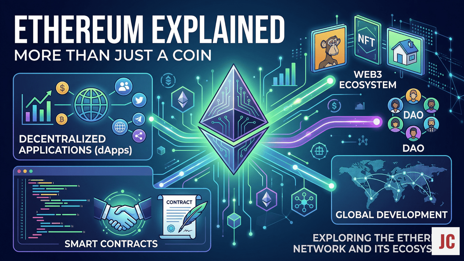 Ethereum explained concept showing blockchain smart contracts and decentralized applications