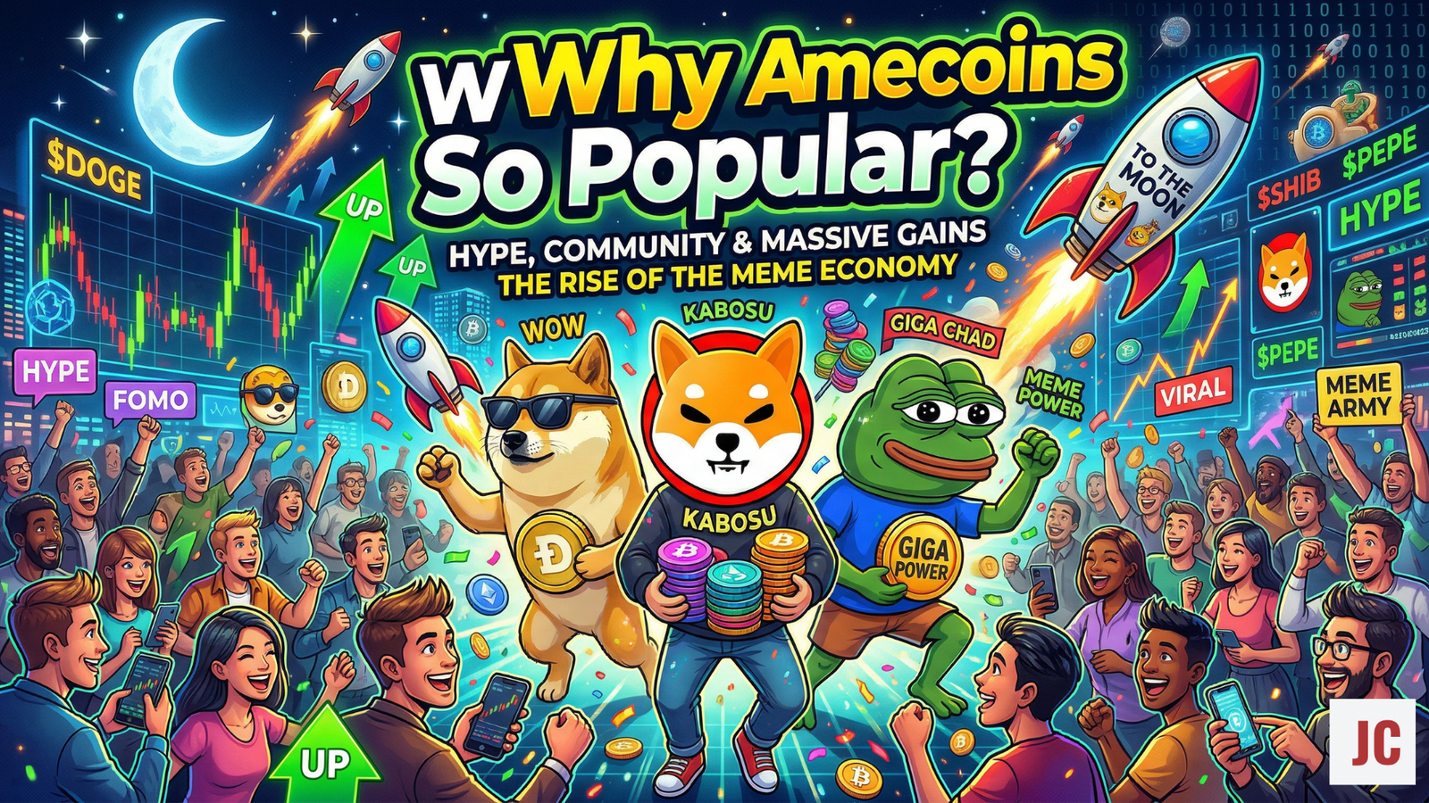 Colorful memecoin-themed illustration with cartoon animals, coins, and the text “Why Are Memecoins So Popular?”